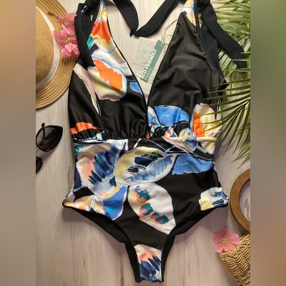 RARE Maaji 🍹 Classy Black Reversible Floral Plunge Tie One-Piece 🏖️🌸 - Picture 10 of 13